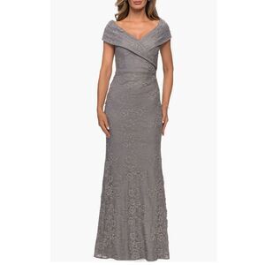 La Femme Lace Off the Shoulder Cap Sleeve Evening Dress, Platinum, NWT, Size 16